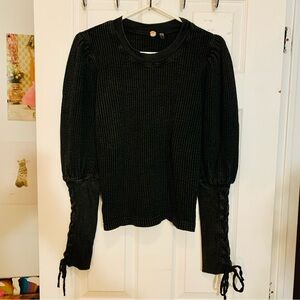 Black Textured Women's Top with Lace-Up Sleeves